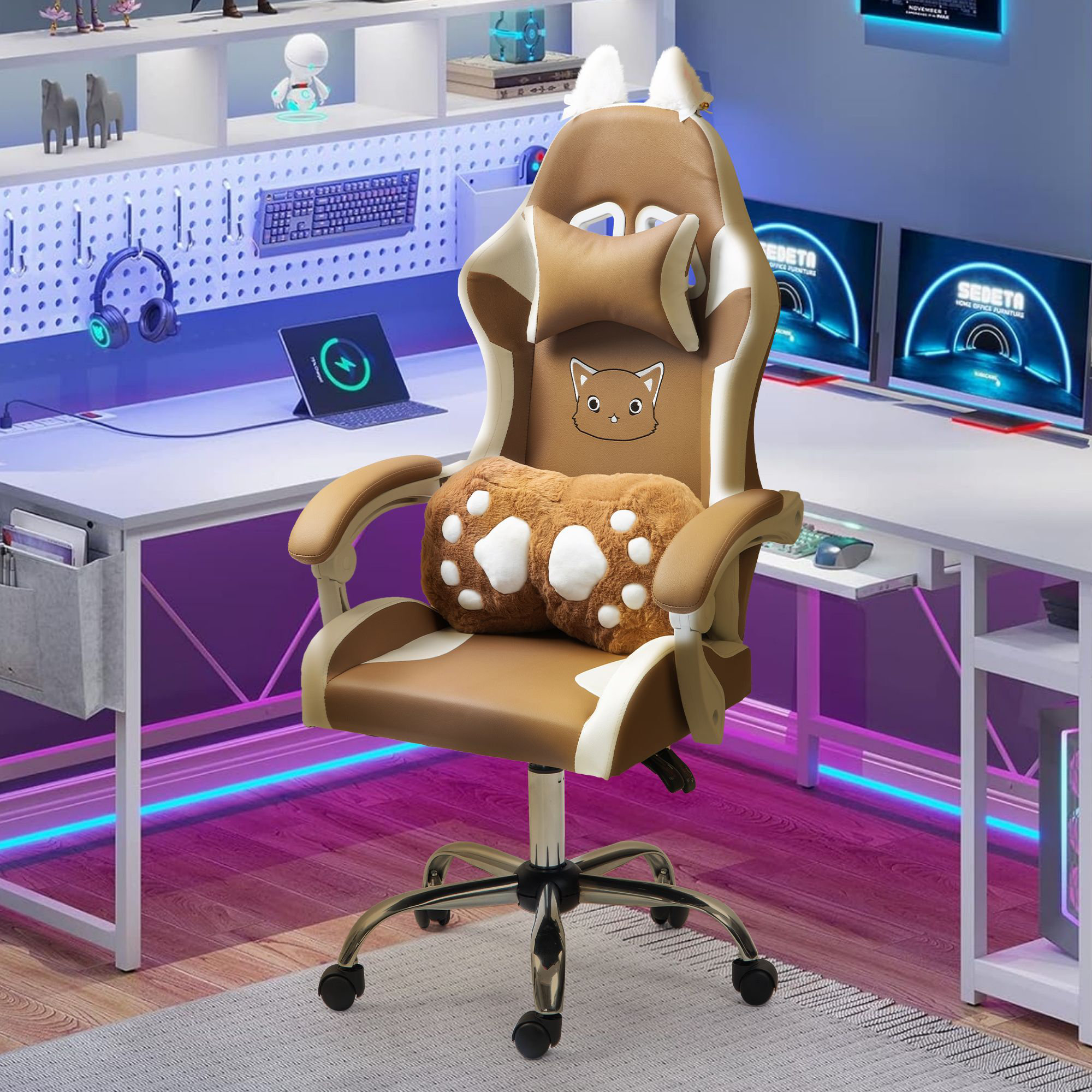 Inbox Zero Cute Gaming Chair with Cat Paw Lumbar Cushion and